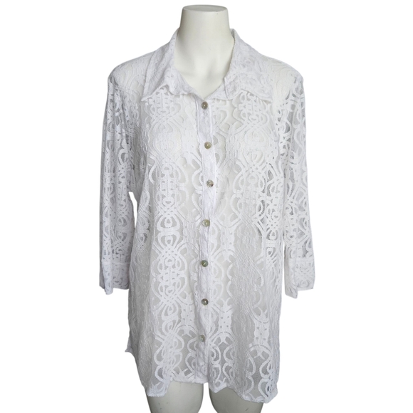 Kim Rogers Tops - White Lace Button Up Mother Of Pearl Buttons Size 1X See Through Sexy Romantic
